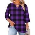 thumbnail image 3 of Fengqque Women's Plus Size 3/4 Sleeve Blouses Round Neck Chest Cutout Plaid Loose Summer Tees Purple XXL(XXL), 3 of 7