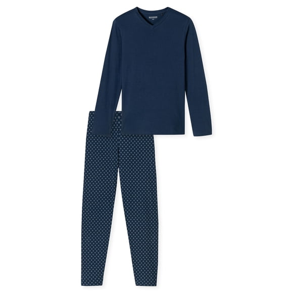 SCHIESSER Pijama de hombre, largo - Casual Essentials, algodón, cuello en V Azul oscuro M (Medium)