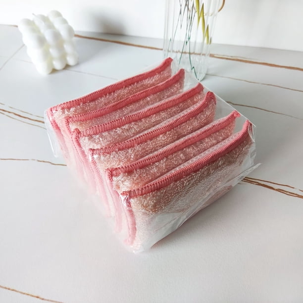Xiao Hua Esponja de fibra de bambú de 6 piezas para limpieza de cocina, estropajo rosa absorbente y no graso, cepillo para lavar platos, paño de limpieza de doble cara para ollas de 13 * 9 cm