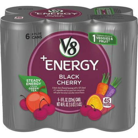 V8 +Energy, Healthy Energy Drink, Natural Energy from Tea, Black Cherry, 8 Ounce Can (Pack of