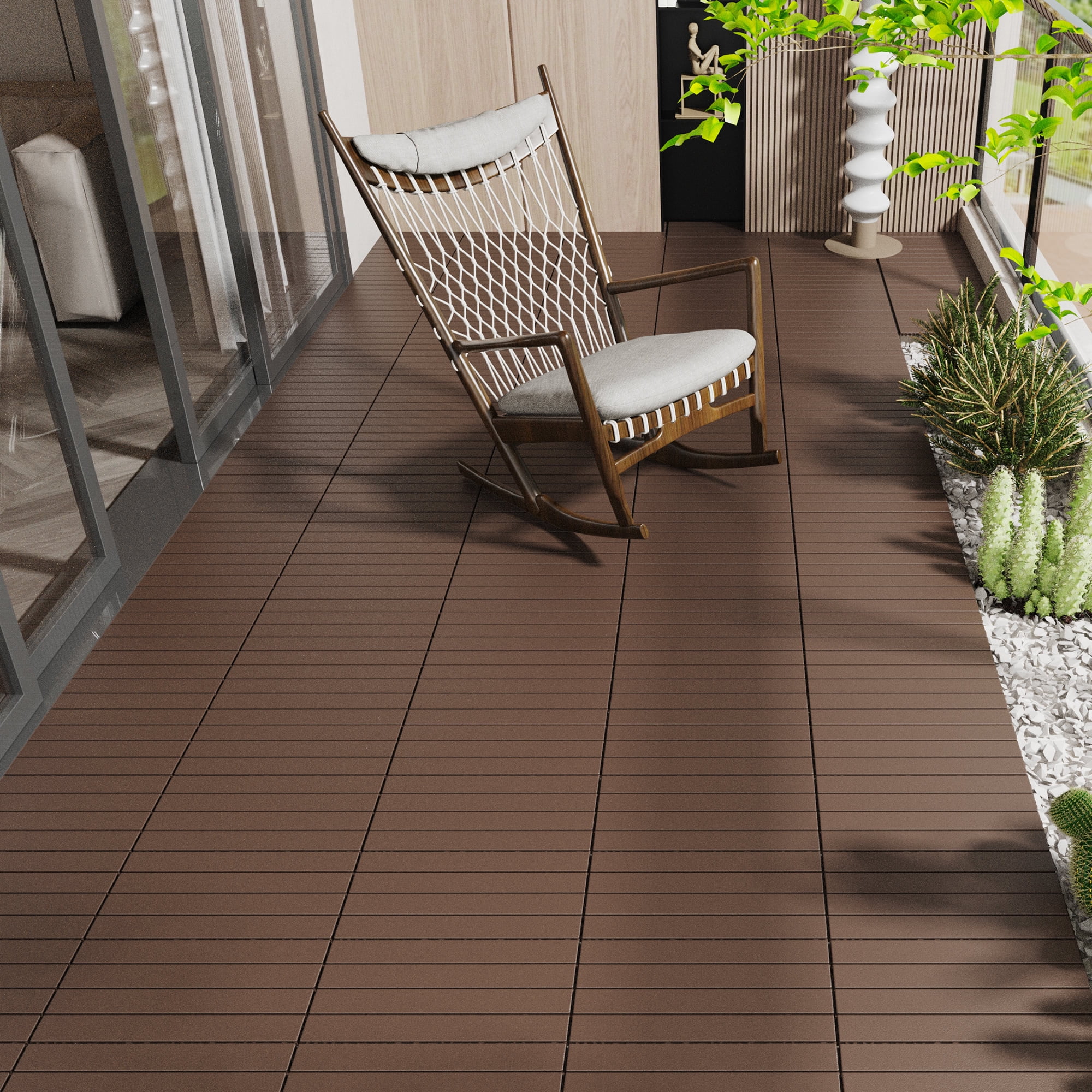 Miniyam 24 Pcs Interlocking Deck Tiles, 2FT, Polypropylene, for Outdoor Balcony Garden, Brown