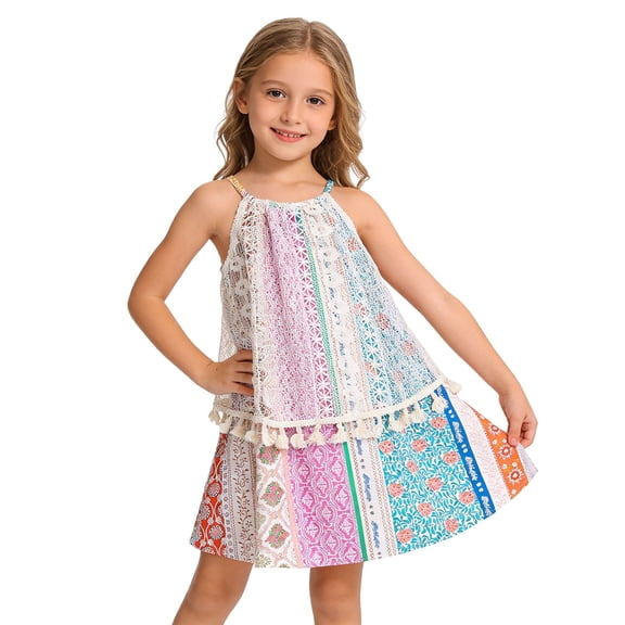 Piuwrlz Girls Summer Dresses Girl Casual Play Dresses New Suspender Crew Neck Pleated Skirts Multicolor Size 5-6 Years
