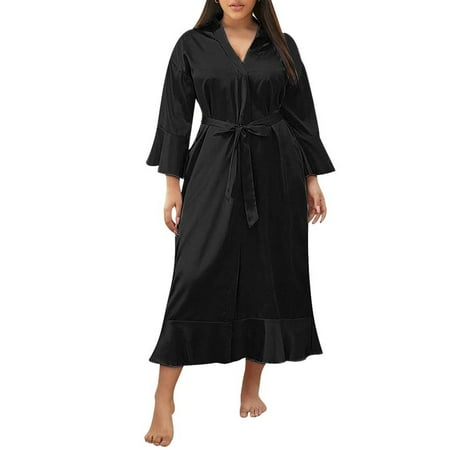 

Enjiwell Women s Plus Size Solid Color Waist Belted V Neck Flare Long Sleeve Silk Nightgown