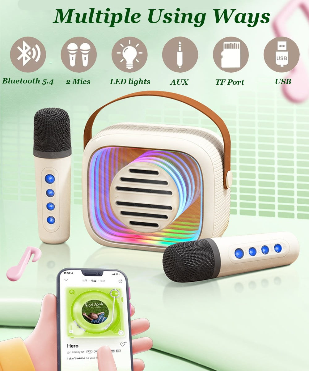 COSTYLE Mini Karaoke Machine for Kids - Portable Bluetooth Speaker with Colorful Lights & 2 Wireless Microphones, Christmas Birthday Gifts for Kids Adults