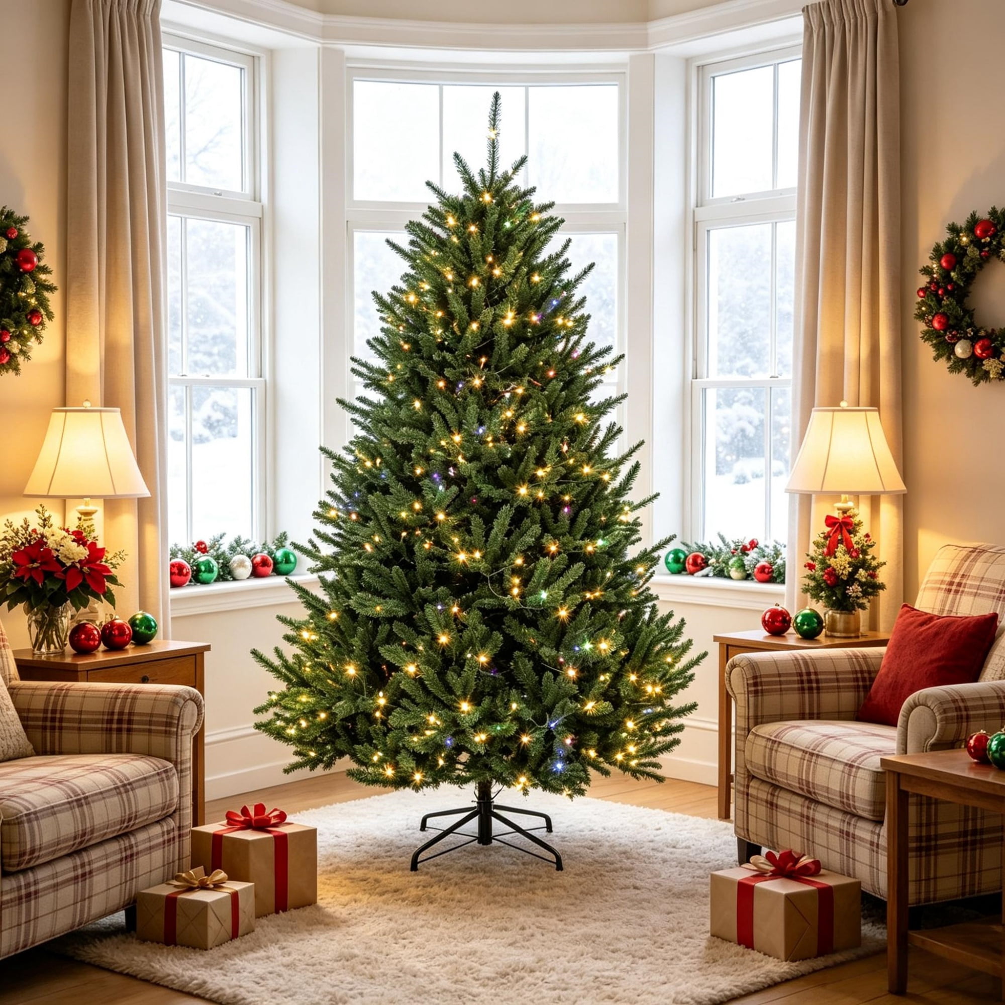 6 ft Pre-Lit Christmas Tree with Dual-Color LED Lights, 1492 Tips, 11 Lighting Functions, Hinged PVC Foliage and Metal Stand