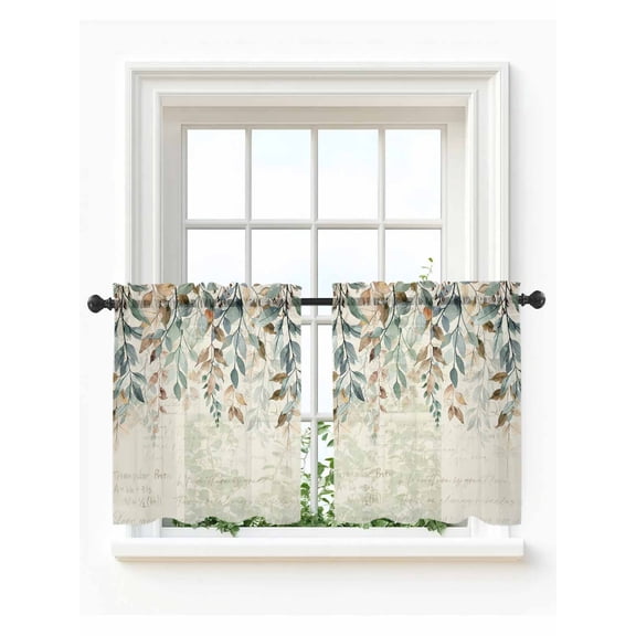 Green Brown Botanical Tier Curtains 24 Inch Length,Sheer Curtains for Bedroom Living Room Window Farmhouse Eucalyptus Leaves Rustic Voile Drapes Kitchen Curtains Small Half Window 27.5"x24" 2 Panels