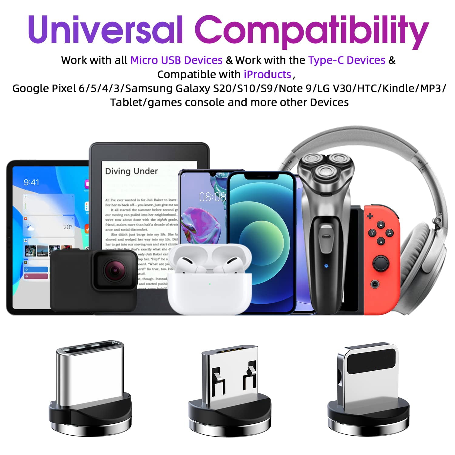 Magnetic Charging Cable 540° Rotating Magnetic Phone Charger [6-Pack, 3ft/3ft/3ft/6ft/6ft/10ft] 3 in 1 Magnetic Charger Cable Nylon Braided Magnetic USB Cable for i-P/Micro USB/Type C Device-Purple