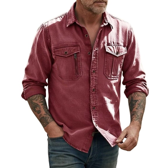 UAMVSH Mens Button Down Shirt Stylish Rolled Up Long Sleeve Shirts Vintage Casual Turndown Collar Work Tops with Pockets