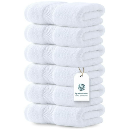 Luxury Guest Hand Towels, Hotel Quality 100 Percent Turkish Cotton Towels, Highly Absorbent and Quick Dry for Bathroom, Spa, and Poolside Use, Soft 6 Piece Set, 16x30 Inches, White