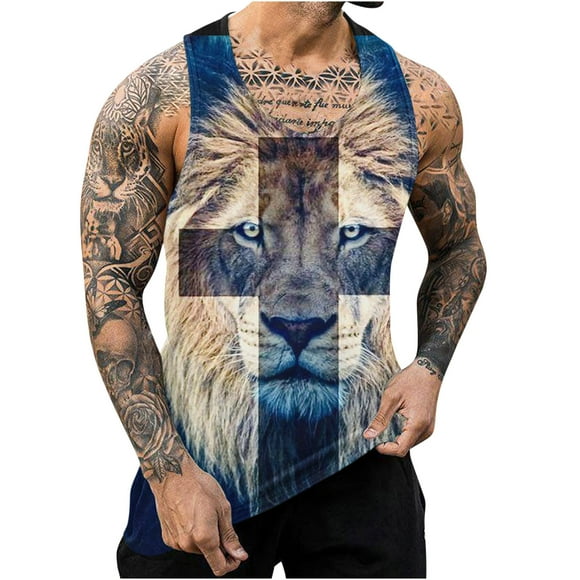 lcziwo Mens 3D Lion Print Vest Tees Plus Size Tank Tops for Men 2024 Summer Gym Muscle Shirts Fitness Bodybuilding Tank Shirt Big and Tall