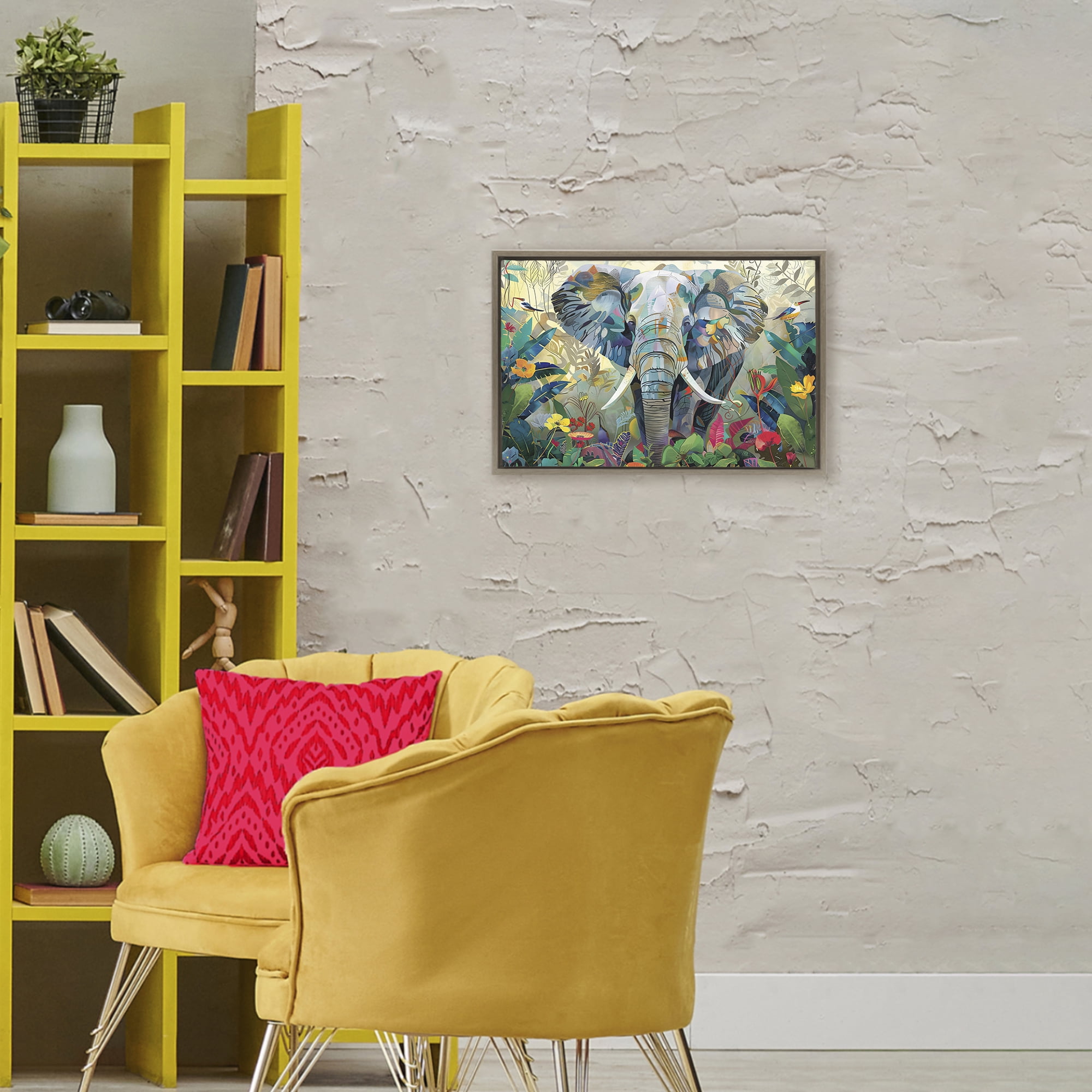 Stupell Industries Elephant's Realm in Tropical Bloom Brown Framed Floater Canvas Wall Art, design by Lazar Studio