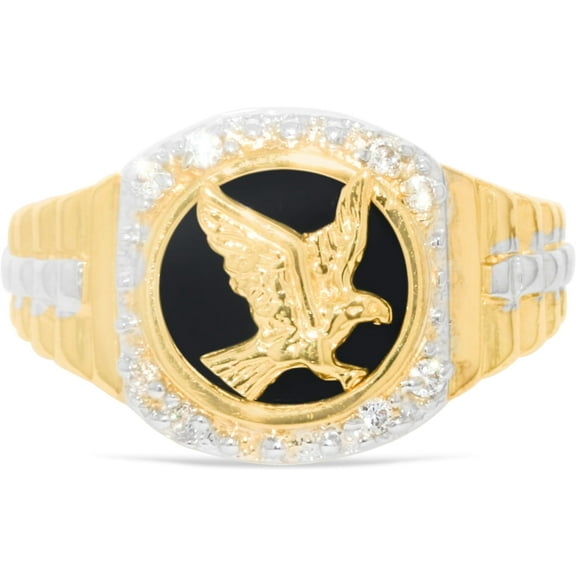 Floreo 10k Yellow Gold 14mm Eagle Bird Onyx Two-Tone Railroad CZ Ring, Sizes 5 - 13
