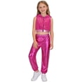 thumbnail image 4 of SiiRoh Girls Street Hip Hop Jazz Dance Outfits Sleeveless Sequin Hooded Vest Crop Top with Metallic Pants Set Hot Pink 12, 4 of 7