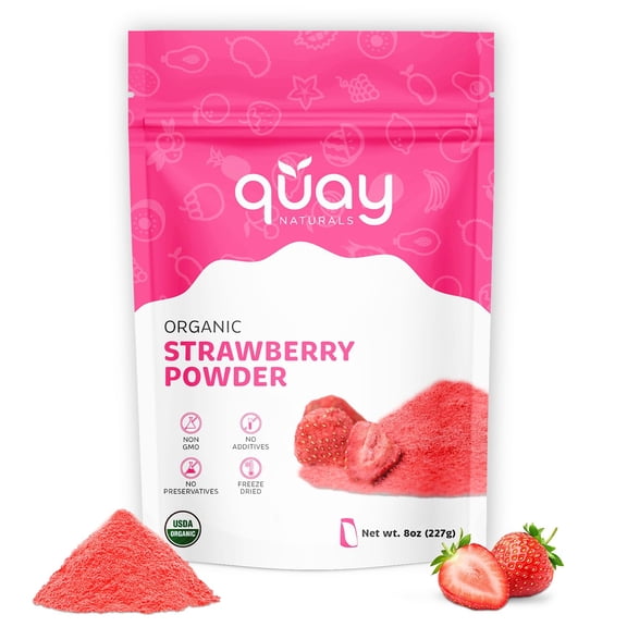 Quay Naturals Organic Strawberry Powder, 8 oz, Freeze-Dried, Non-GMO, No Preservatives, No Additives