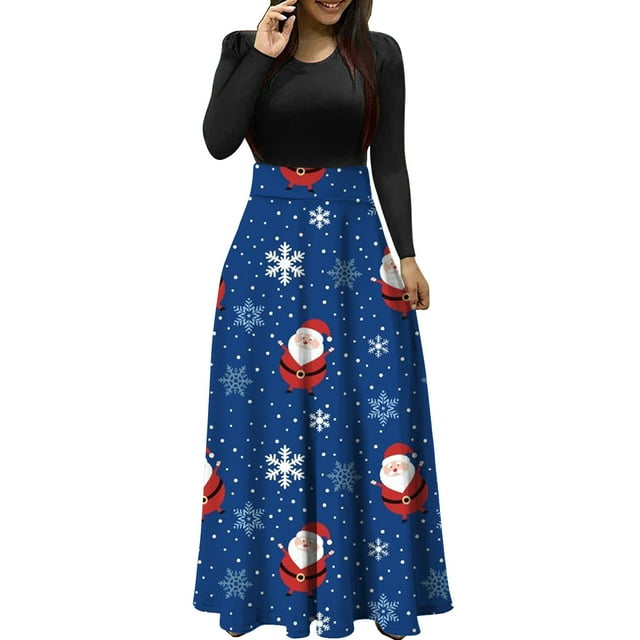Robes pour Femmes 2022 Noël Col Rond Manches Longues Patchwork Imprimé Robe Longue Ligne A Robe d'Automne pour Dames