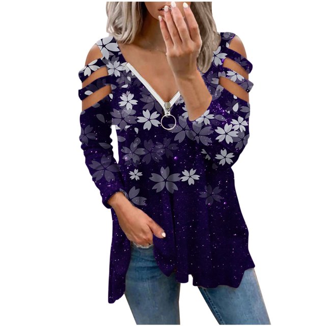 Pompotops Femmes Minces Manches Longues Sexy V-Cou Découpe Non Positionné Imprimé Zip Tops en Vente