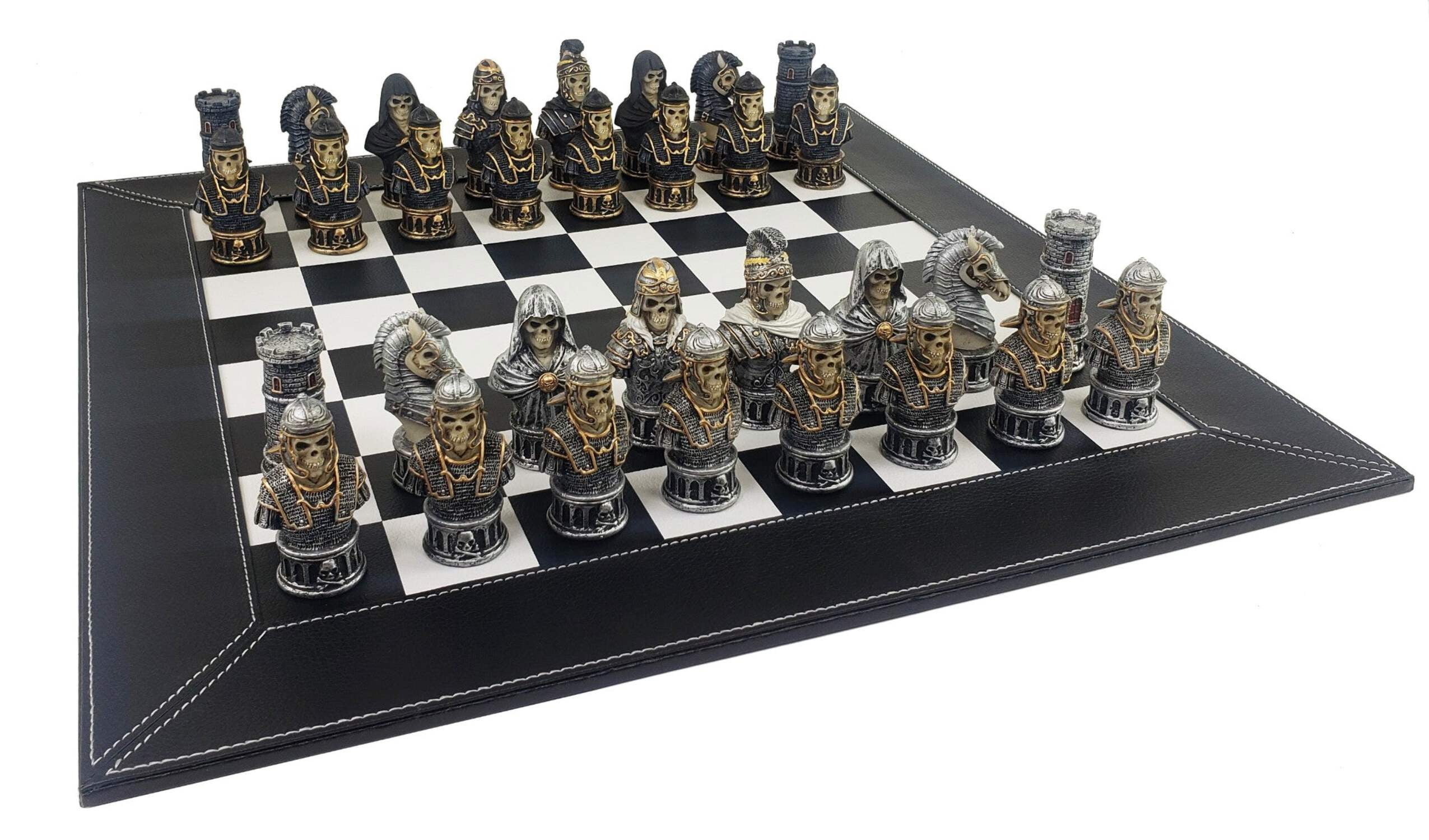 Medieval Times Gothic Skull Busts Chess Set 18" Black  White Faux Leather Board