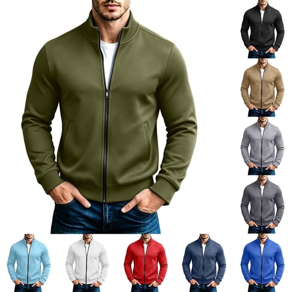 NOLVAREN Men's Full Zip Sweatshirt, Stand Collar No Hood Long Sleeve Sweatshirt Jacket with Pockets, Modern Fit Casual Athleisure Top, S - 3XL