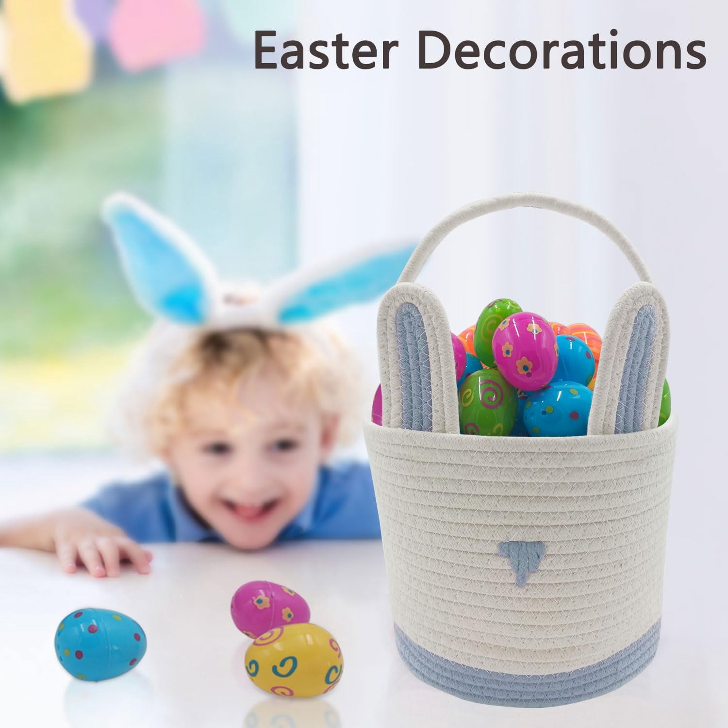 2 Pack Large Woven Easter Baskets for Boys & Kids - Empty Basket with Gift Bags and Ribbons Cute Easter Decorations Bunny Ears Designs (Blue)
