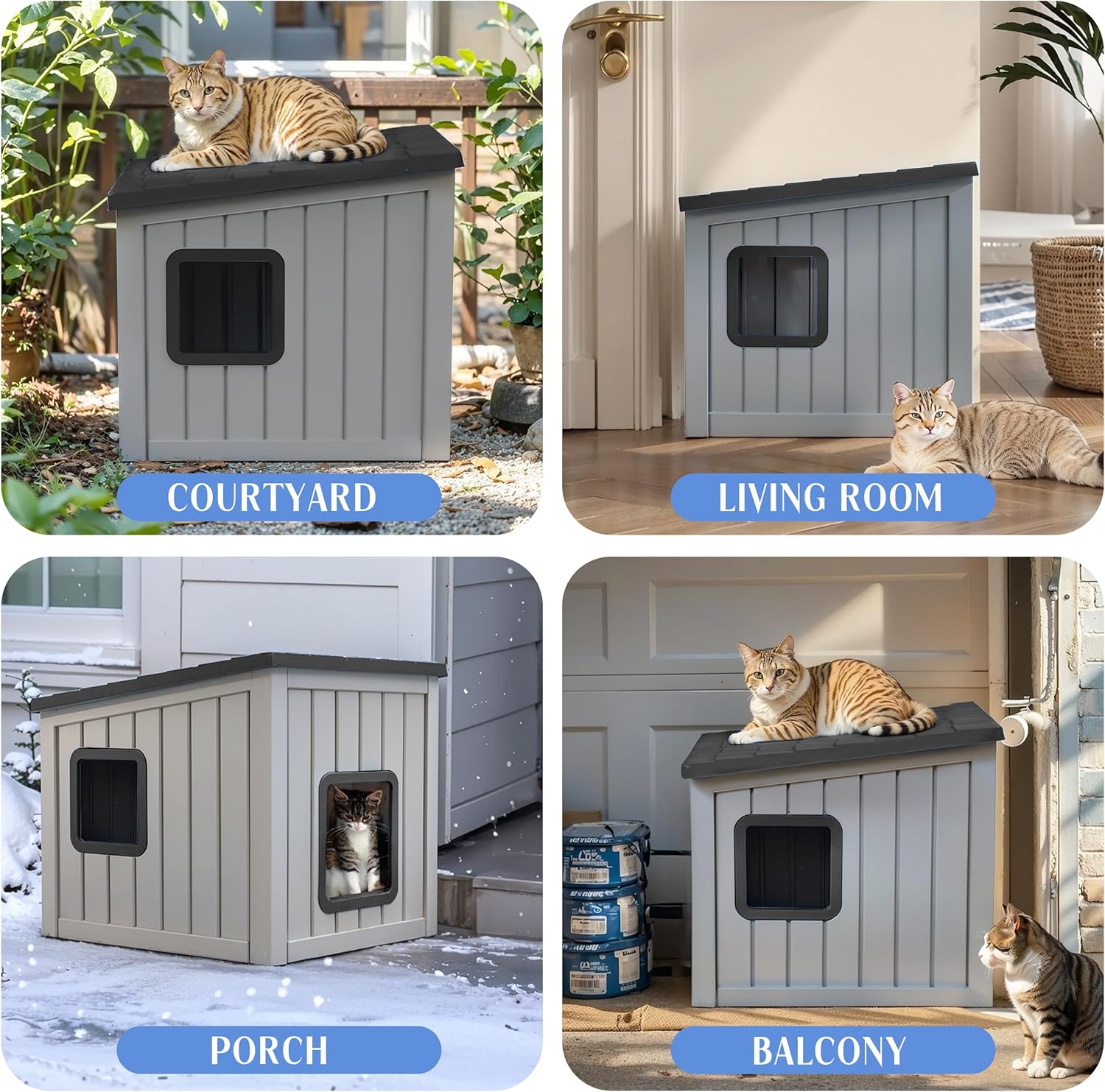 Cat House Outdoor Waterproof,Resin Cat Shelter Feral,Easy to Clean Durable Slanted Top,Cat Bed for Cats and Easy to Assemble (Black, 24.65 * 21.5 * 22.21in)
