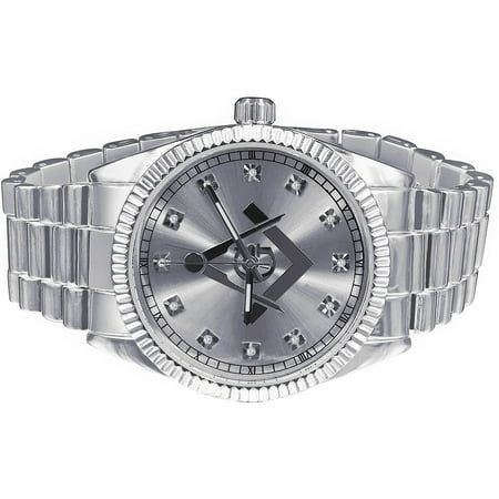 White Gold Tone Solid Stainless Steel Back Silver Dial 40mm Freemason G Compass Masonic Metal Band Wrist