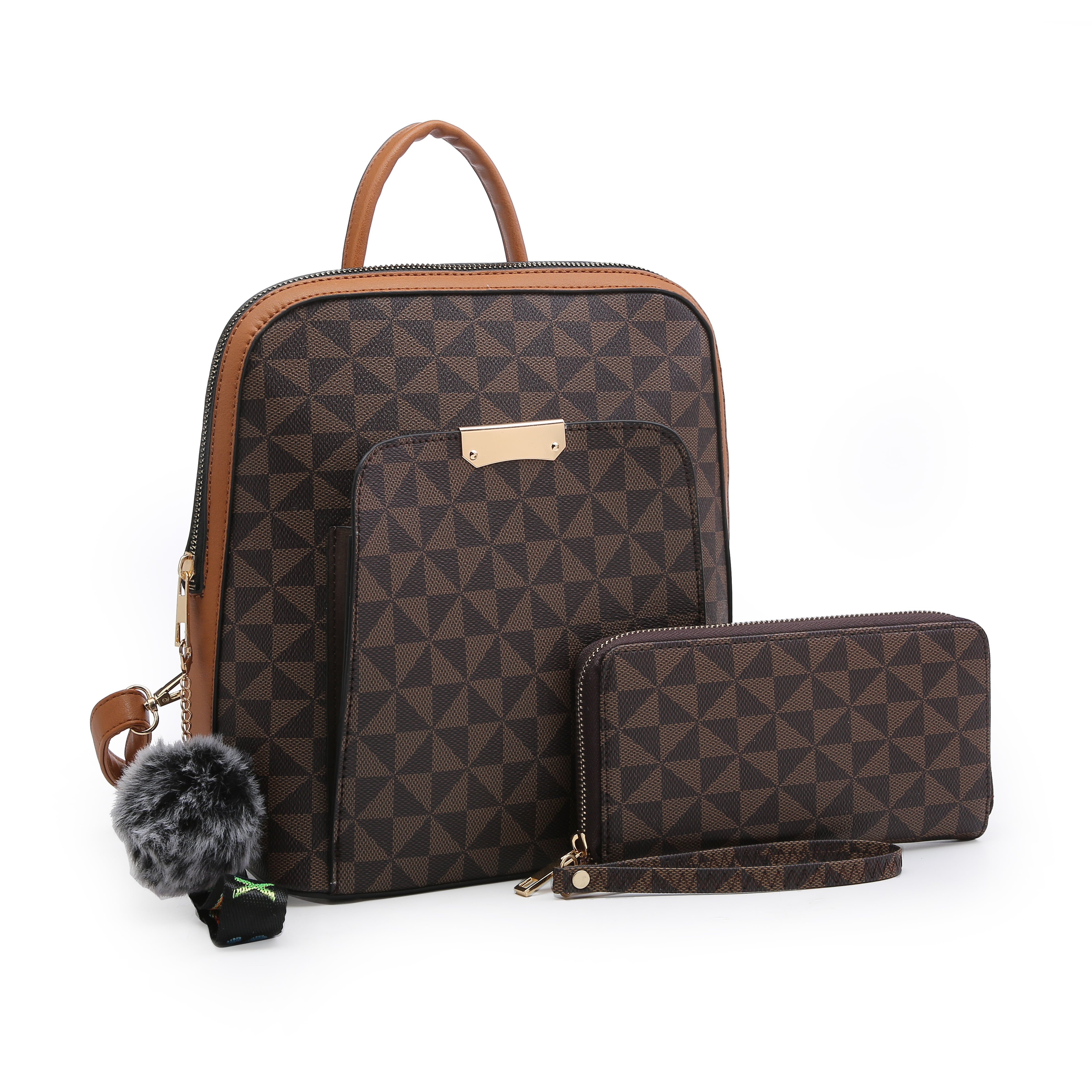 POPPY Women's Fashion Backpack Purse with Matching Wallet Faux Leather  Plaid Pattern Travel Rucksack Satchel School Shoulder Bag 2pcs Set