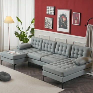 Ktaxon Sectional Sofa, 4 Seats Tufted Linen Fabric Couch, U-Shaped Lounge Sleeper with Comfy Chaise for Living Room Light Gray