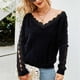 thumbnail image 2 of Suéter con cuello en V y hombros descubiertos para mujer, suéter de encaje de Color puro de manga larga para invierno, negro L, 2 of 7