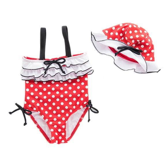 Styles I Love Toddler Kids Girl Cute and Fun One-Piece Swimsuit with Hat 2pcs Set Bathing Pool Beach Swimwear (Polka Dots Red , 90/1-2 Years)