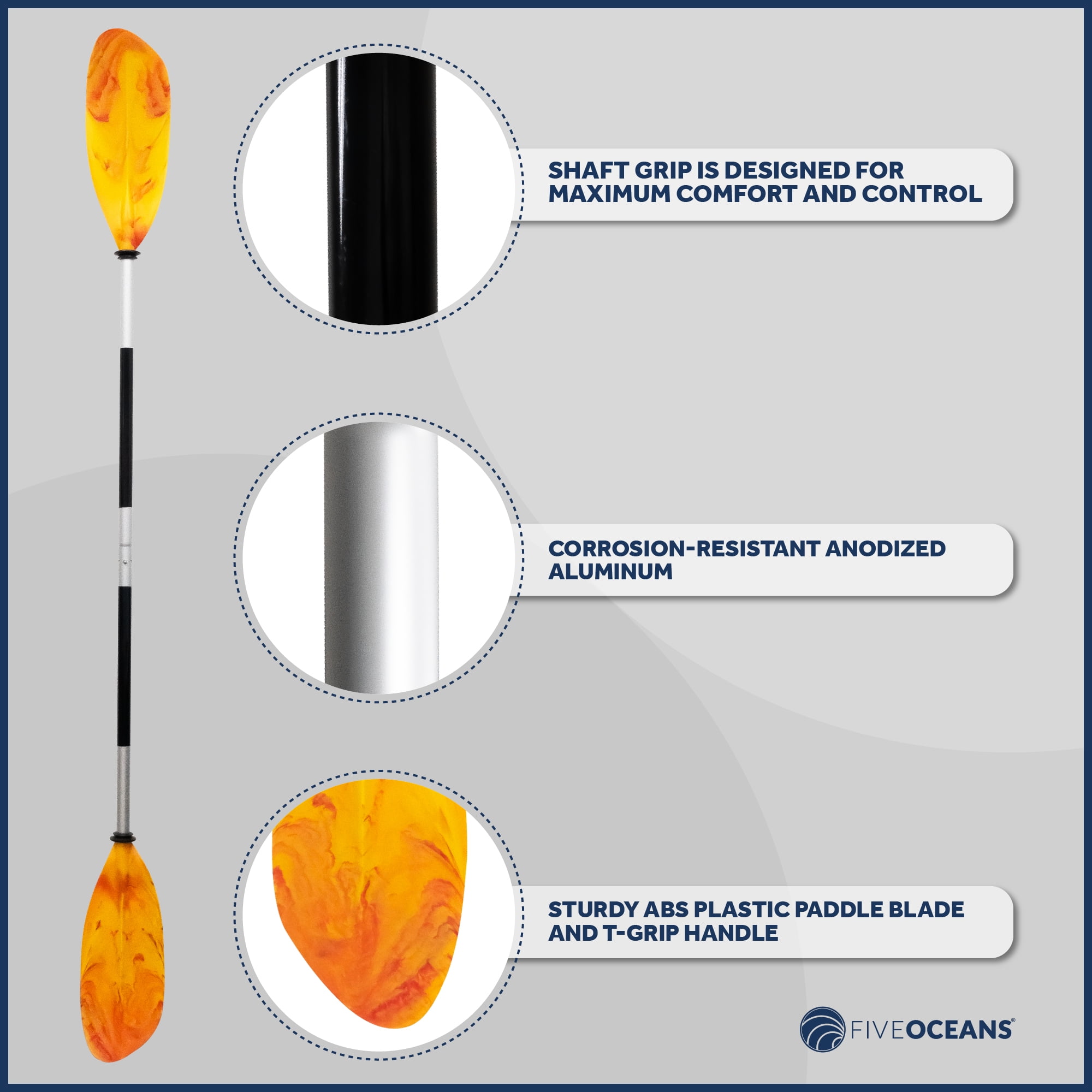 Five Oceans Kayak Paddles, 84" - 7ft Kayak Fishing Paddle, Detachable Heavy-Duty Aluminum Shaft, Reinforced Fiberglass Blades, 2-Piece Snap-Button, Lightweight Paddle Design for all Kayaks - FO2880