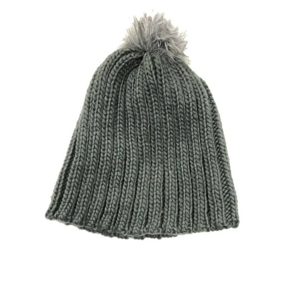 Urbanology Womens Chunky Gray Knit Beanie Winter Hat with Faux Fur Pom Pom