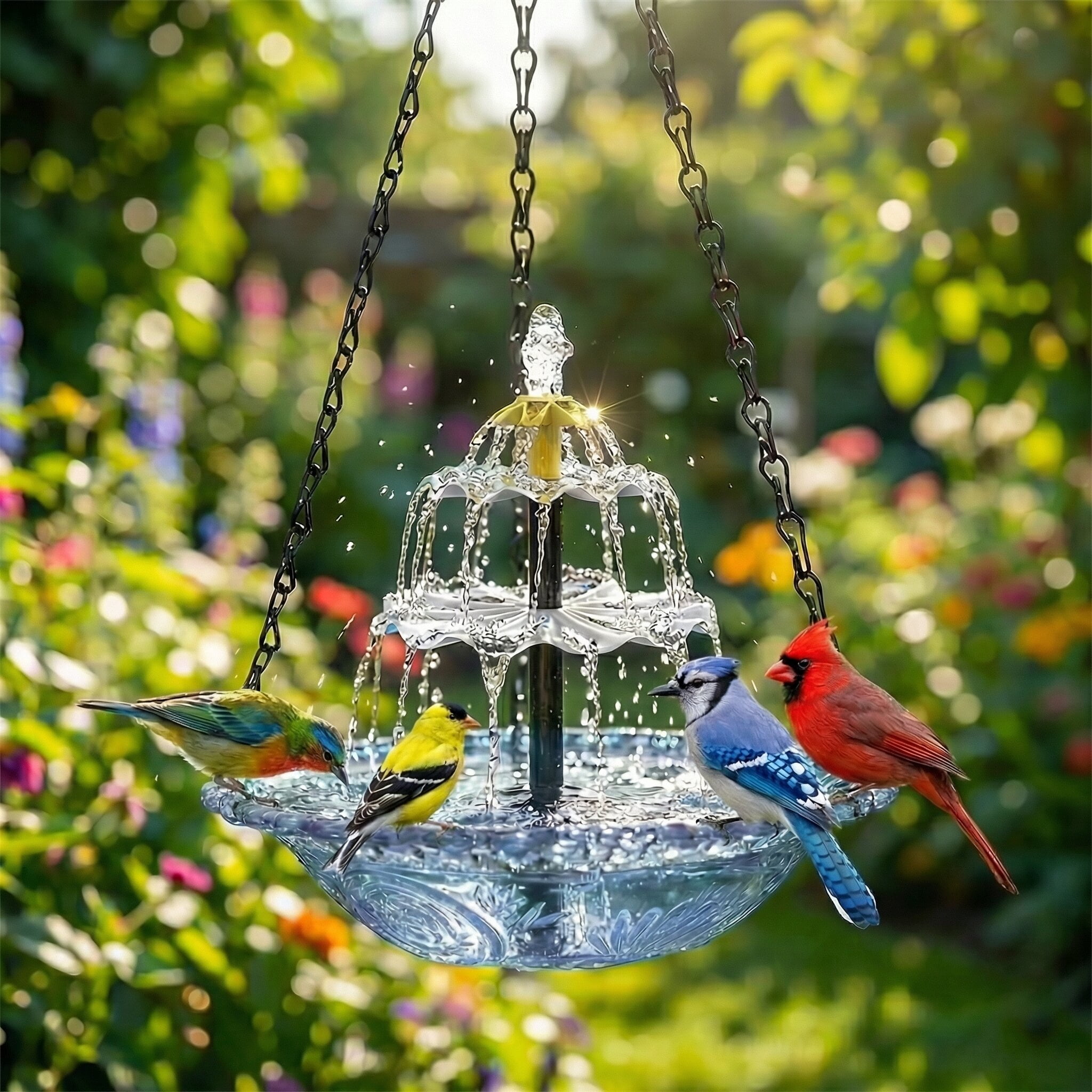 ValueAgain Solar Cascade Hanging Bird Bath Fountain, Outdoor Hanging Bird Bath with Solar Fountain, Large Humming Bird Baths are Suitable, with Solars Pump & Bowl,for Outdoor, Gardens, White