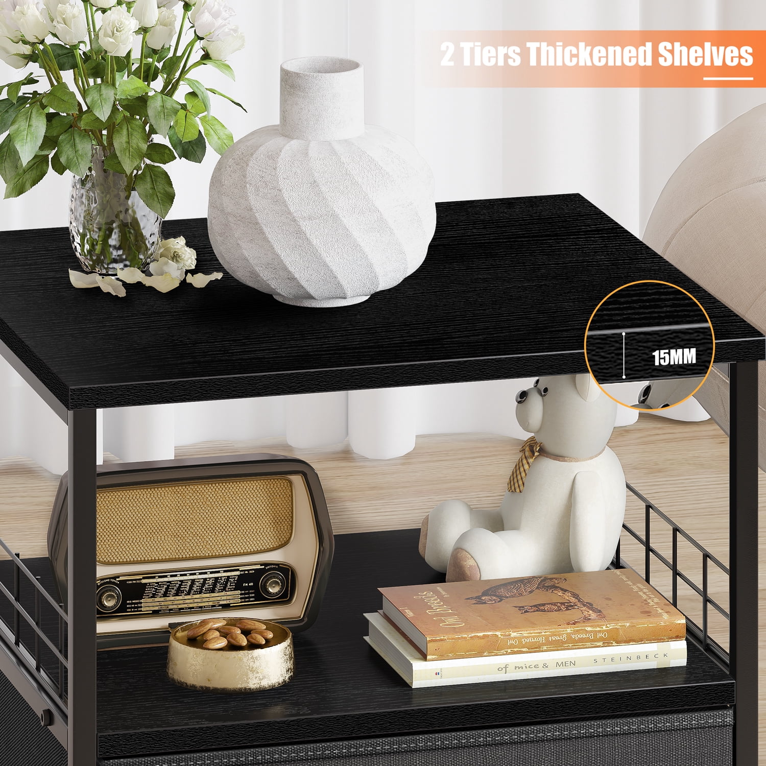 EnHomee End Table Metal Side Table Nightstands for Bedroom, Dark Grey Double