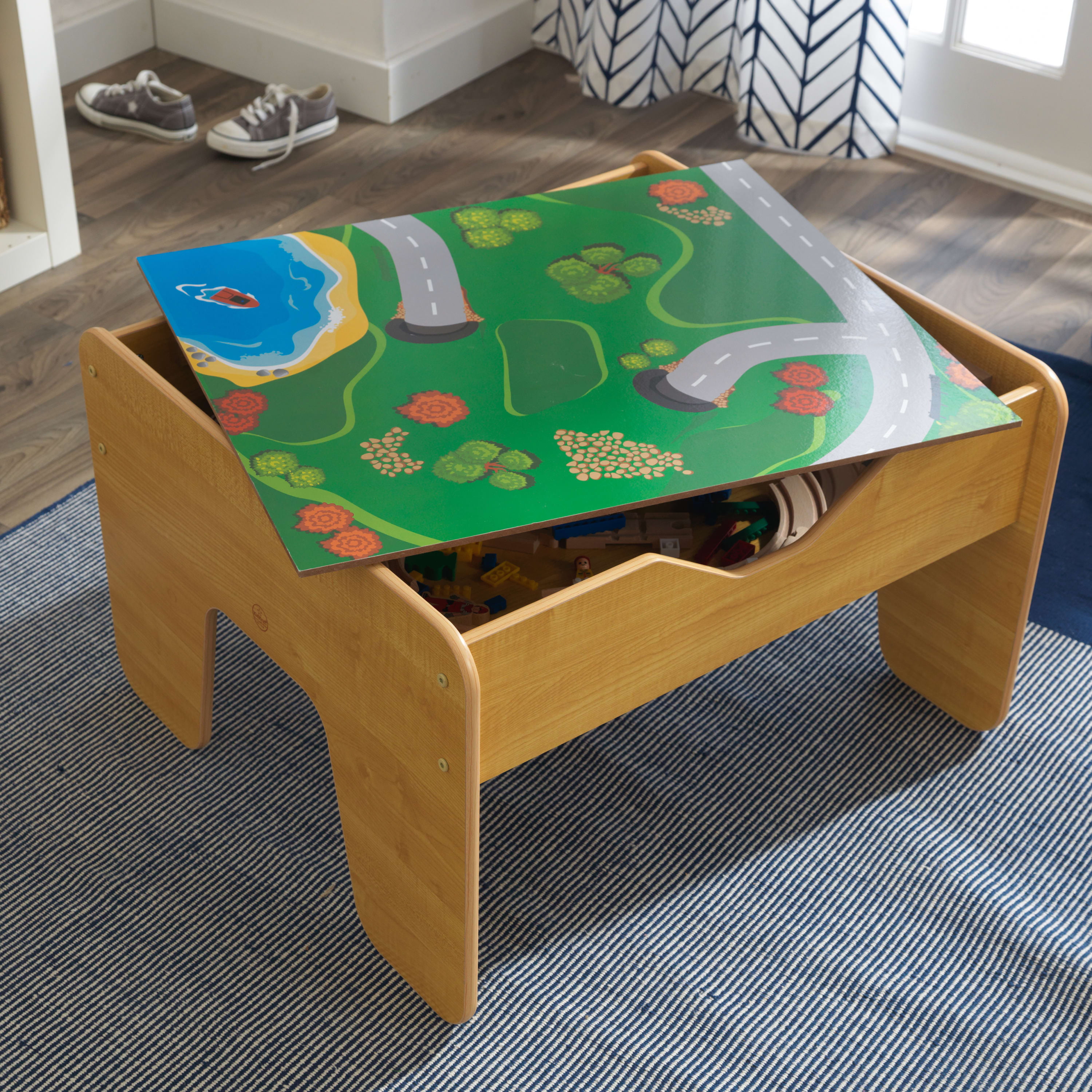 KidKraft Reversible Wooden Activity Table with Board and Train Set, Natural, for Ages 3+ Years - image 9 of 11