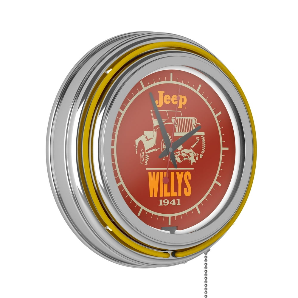 Neon Wall ClockJeep Willys Red Double Rung Analog Clock with Pull ChainPub, Garage, or Man