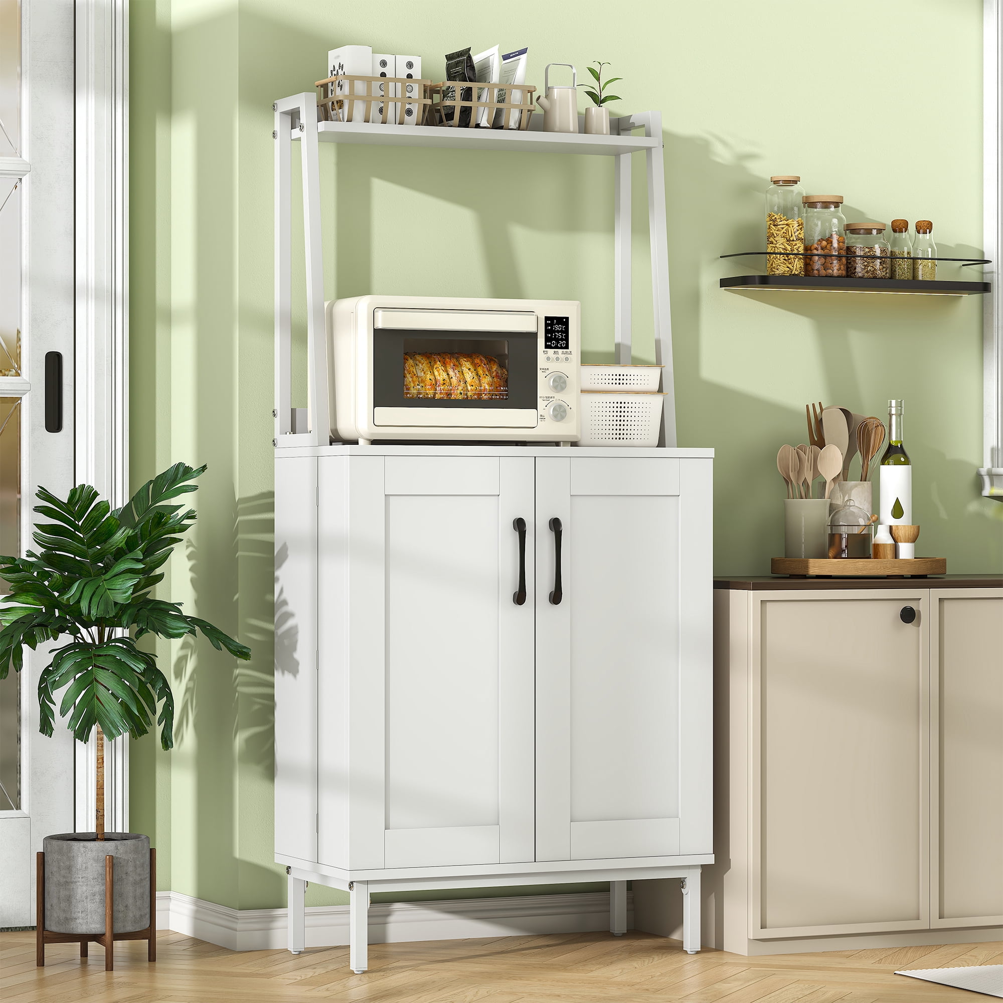 51” Pantry Cabinets with Microwave Shelves, Freestanding Kitchen Pantry Storage Cabinet with Adjustable Shelves, Buffet Cupboards Storage Cabinet for Kitchen, Dining Room, Living Room Use (White)