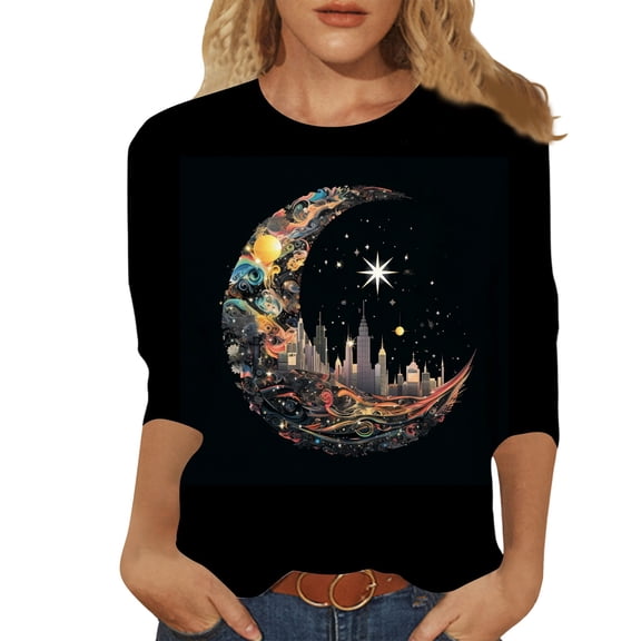 Zylarhe Womens T Shirts Women's 3/4 Sleeve Graphic T-Shirts 2024 Fashion Crew Neck Casual Tops Plus Size Comfortable Soft Stretch Tees