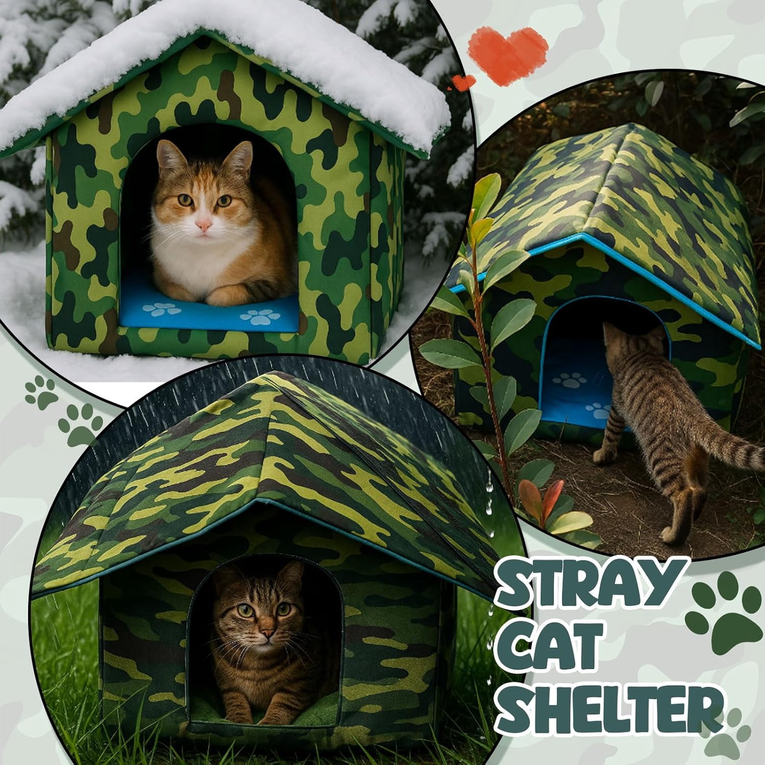 16" x 15" x 14 Outdoor Cat House for Winter Weatherproof Feral Pet Shelter for Cats Dog Collapsible Outside Green Camouflage Pet House with Self Warming Pad Blanket 3 Tent Stake(M Size)