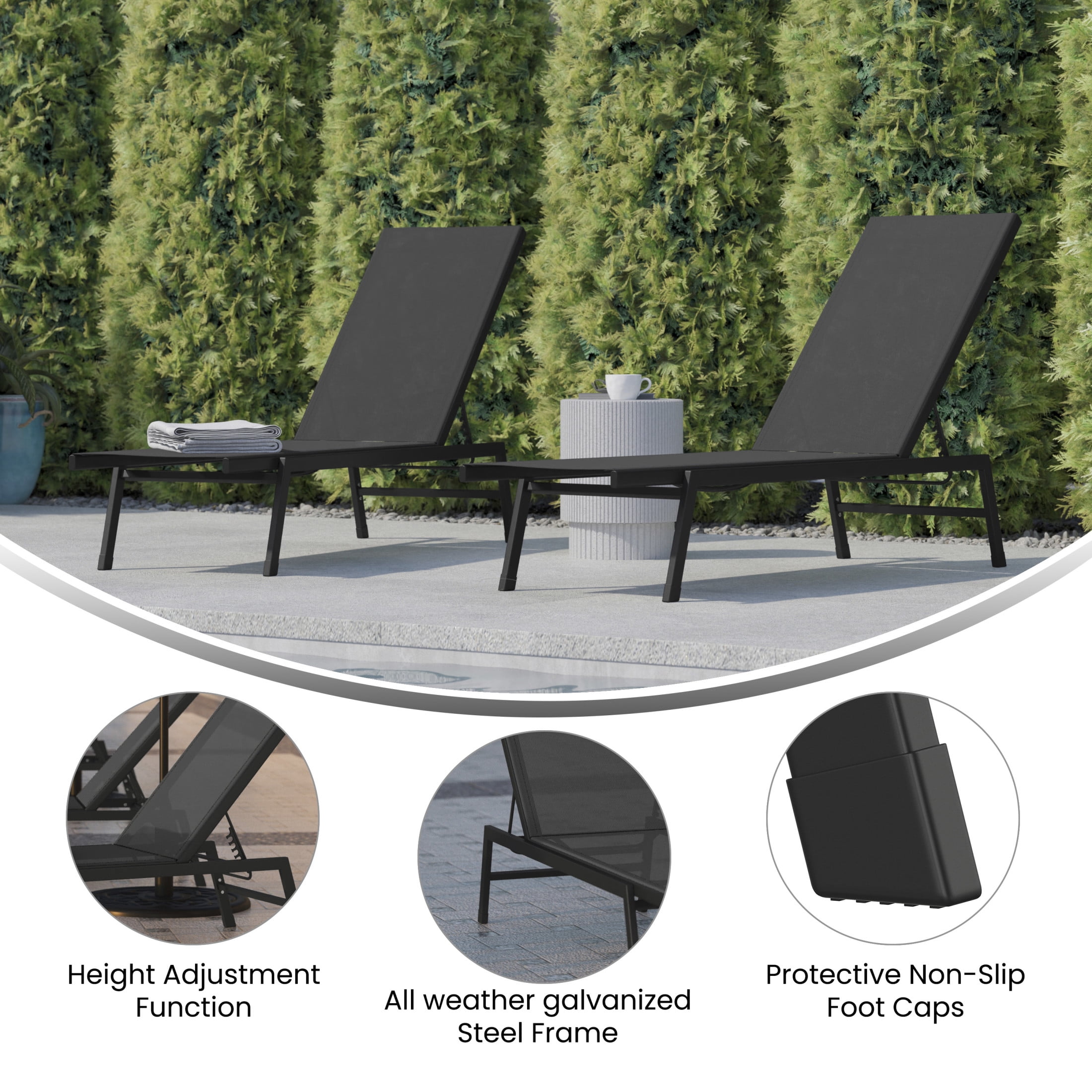 Flash Furniture Brazos Set of 2 Adjustable Chaise Lounge Chairs, Outdoor Five-Position Recliners, All Weather, Black/Black