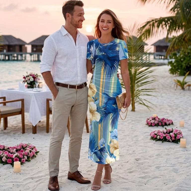 matching blue dress couple Couple Matching Outfit Set Blue Leaf Print Dress & Shirt Combo