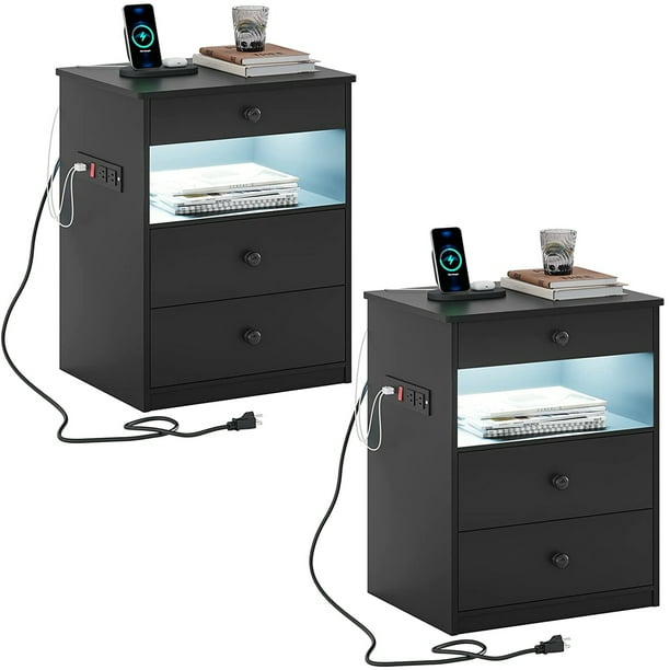 Black Nightstand Set of 2 with 3 Drawers & Charging Station & LED Light