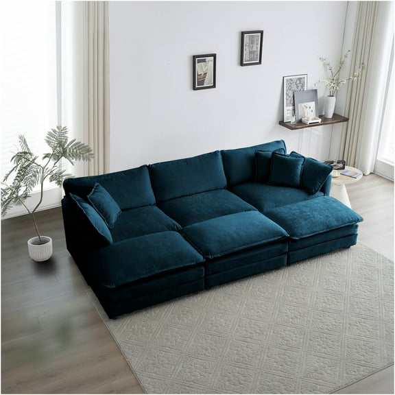 JERFIT Reversible U-Shaped 6-Piece Chenille Sectional Sofa Set with Ottomans and Pillows, Blue