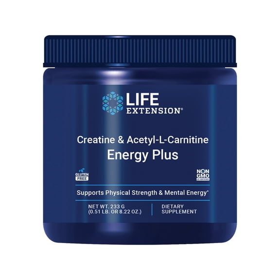 Life Extension Creatine Acetyl-L-Carnitine Energy Plus, Energy Support Supplement, Creatine Monohydrate, Acetyl-L-carnitine, gluten-free, non-GMO, vegetarian, 30 servings