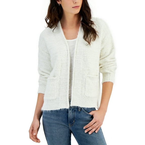 Hooked up by Iot Juniors' Open-Front Lurex Eyelash-Knit Cardigan - White -  LUS