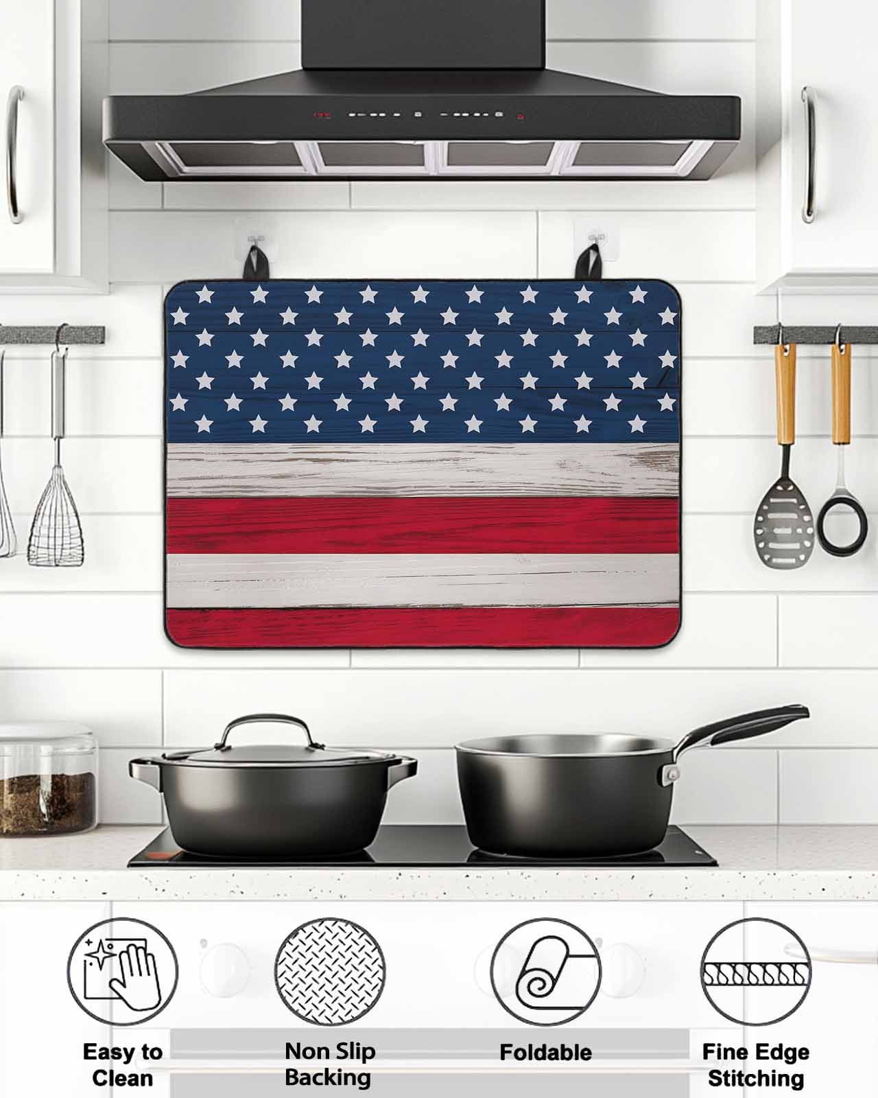 Stove Top Covers for Electric Stove, Wooden American Flag Glass Stovetop Cover Protector, Independence Day Star Striped Flag Induction Cooktop Protector Oven Mat for Kitchen Countertop 24"x21"