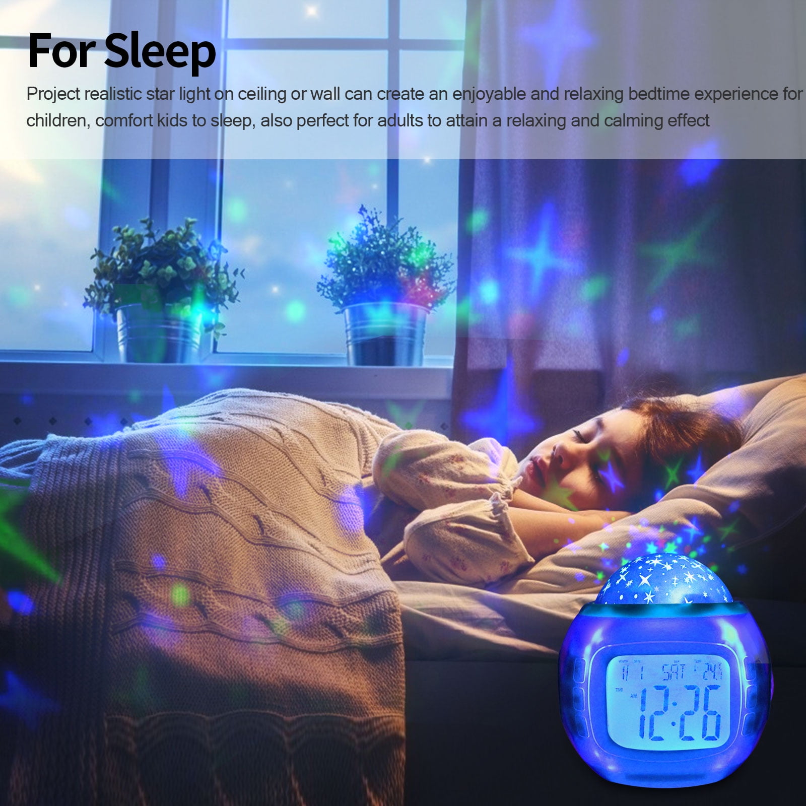 Eeekit Soothing Star Projector Alarm Clock Relaxing Star Sky Night Light With Nature Sounds Kids Baby Ceiling Starry Projection Alarm Clock Lamp With Thermometer Calendar Kids Night Light Alarm Walmart Com