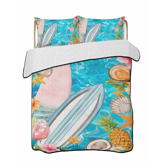 Quilts Twin-XL Size Bedding Set, Coastal Beach Lightweight Quilted Comforter, Summer Tropical Plants Ocean Sea Waves Blue Soft Bedspread Coverlet with Pillow Covers for All Season, 68" x 98"
