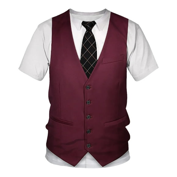 YiZYiF Kids Boys Short Sleeve Fake Suit Vest 3D Tie Printed Shirt Tuxedo T-Shirt Formal Wedding Party Funny Top Burgundy 130