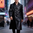 thumbnail image 5 of Busydd Men's Leather Jacket Fashion Double Breasted Buttons Long Sleeve Trench Coat Casual Solid Color Long Jackets 4XL, 5 of 9