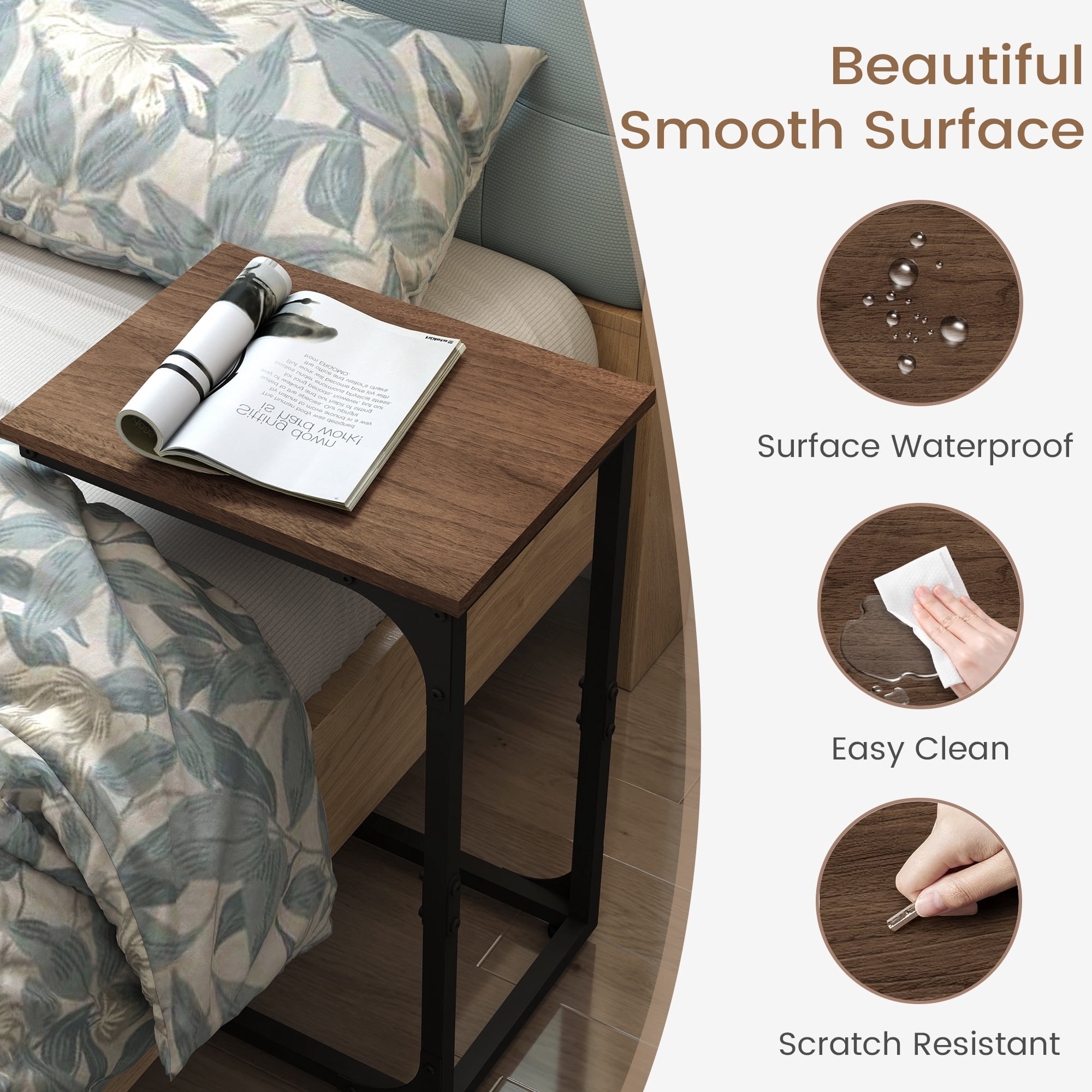 Melocadol C-Shaped End Table Set of 2, C Shaped Under Couch Slider, Small Side Tables with Metal Frame, Adjustable Feet, for Living Room, Bedside, Sofa, TV Dinner, Recliner, Walnut